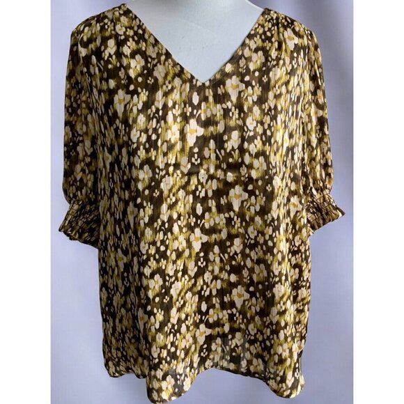 Rachel Zoe Brown Gold Metallic Abstract VNeck Lined Blouse Quarter Sleeves Large - Picture 7 of 7